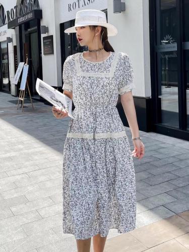 现货夏季法式碎花连衣裙2021新款收腰中长款长袖很仙的,女装连衣裙,妍妍衣坊