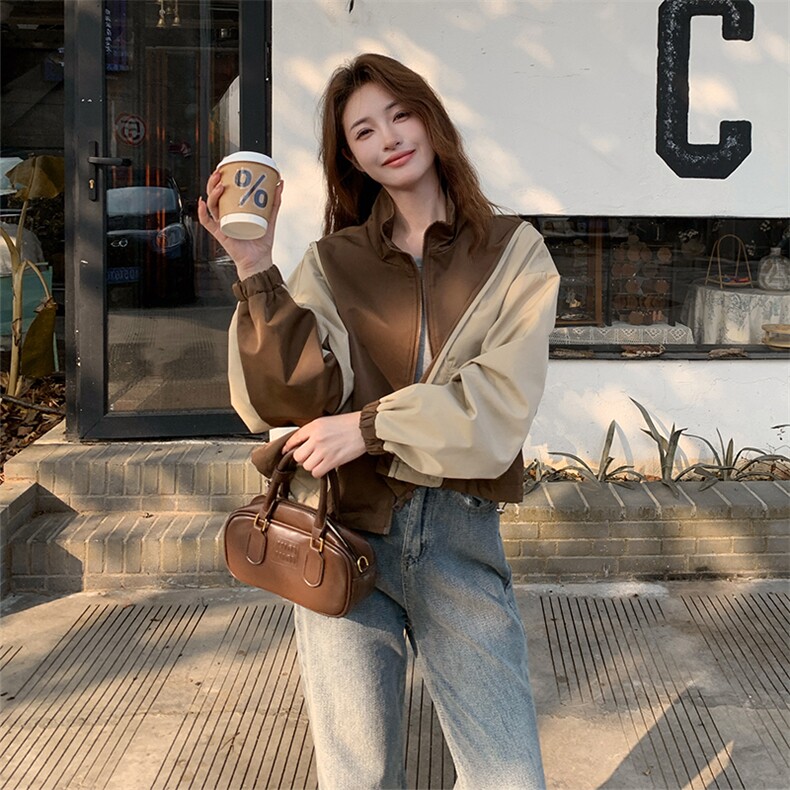 现货  美式立领撞色短款小外套复古气质夹克上衣2963P135K198图片