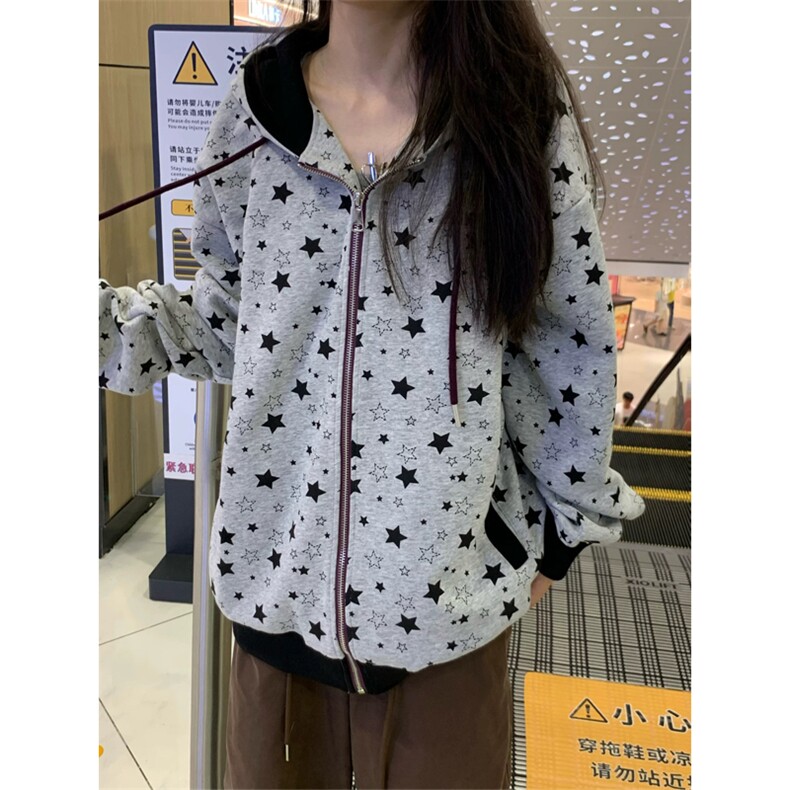 网图 美式星星满印连帽华棉卫衣男女宽松拉链开衫外套 A825-P52图片