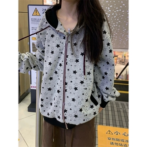 网图 美式星星满印连帽华棉卫衣男女宽松拉链开衫外套 A825-P52图片