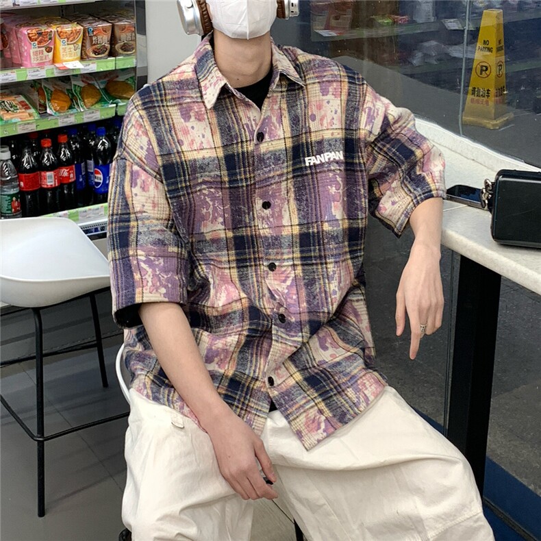 2026夏美式扎染刺绣格子短袖衬衫衬衣五分袖CS1805/特P35紫色,男装衬衫,电商A094
