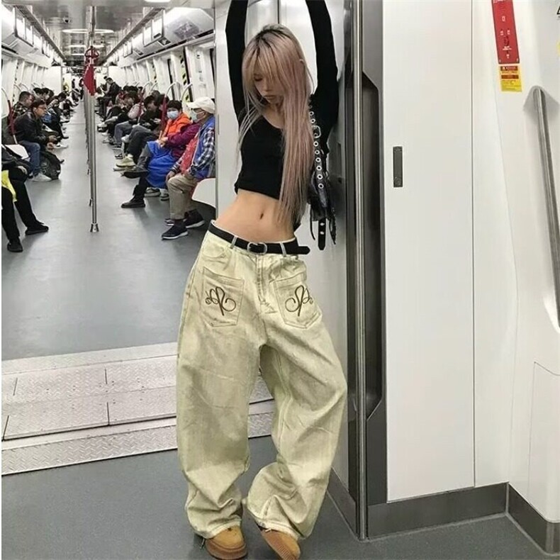美式复古刺绣水洗牛仔裤女2025夏街头设计感脏染反穿宽松直筒裤子,男装牛仔裤,星座506A