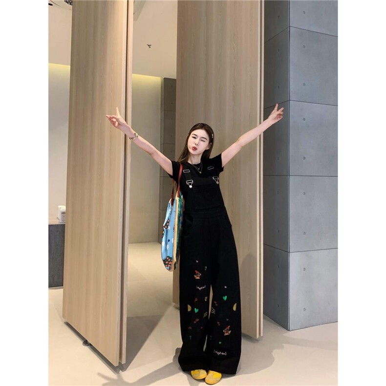 美式复古黑色牛仔背带裤女2025春秋新款设计感休闲直筒阔腿牛仔裤,男装牛仔裤,星座1210-1