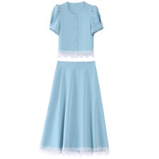 2022夏装新款淑女拼接蕾丝圆领单排扣气质短袖两件套，女装套装/套裙，芭米依尚