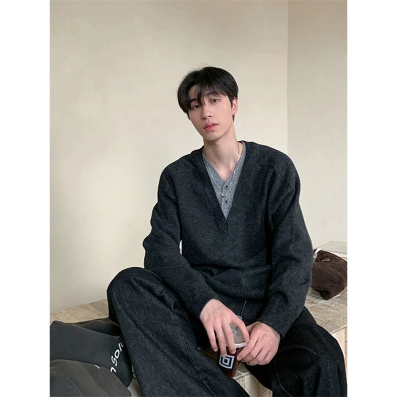 网图有货假两件拼接V领针织衫男慵懒风宽松长袖外套A1065-P55,男装针织衫/毛衣,星座1505