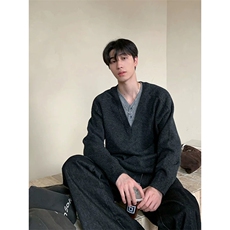 网图有货假两件拼接V领针织衫男慵懒风宽松长袖外套A1065-P55，男装针织衫/毛衣，星座1505