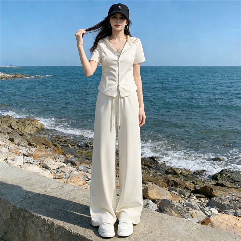 女夏季高级感休闲运动套装蕾丝连帽拉链开衫短袖卫衣阔腿裤两件套,女装套装/套裙,江南