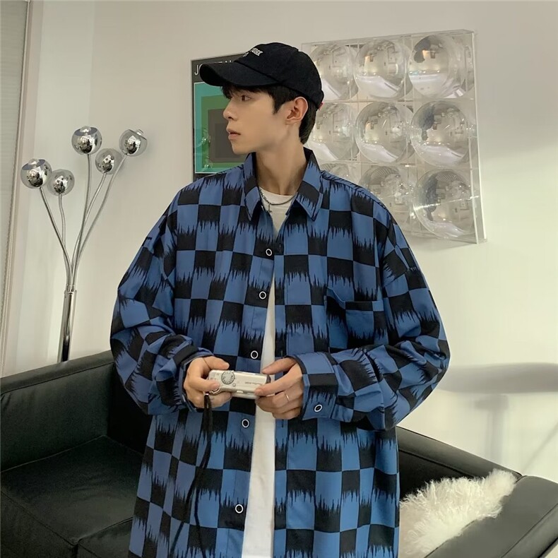 韩版棋盘格子衬衫男长袖春装痞帅潮衬衣外套休闲宽松新款C2206,男装衬衫,星座1116A-1（原606A）