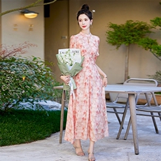 2024年夏季新款新中式改良旗袍盘扣印花连衣裙修身裙子，女装连衣裙，奕薇雅