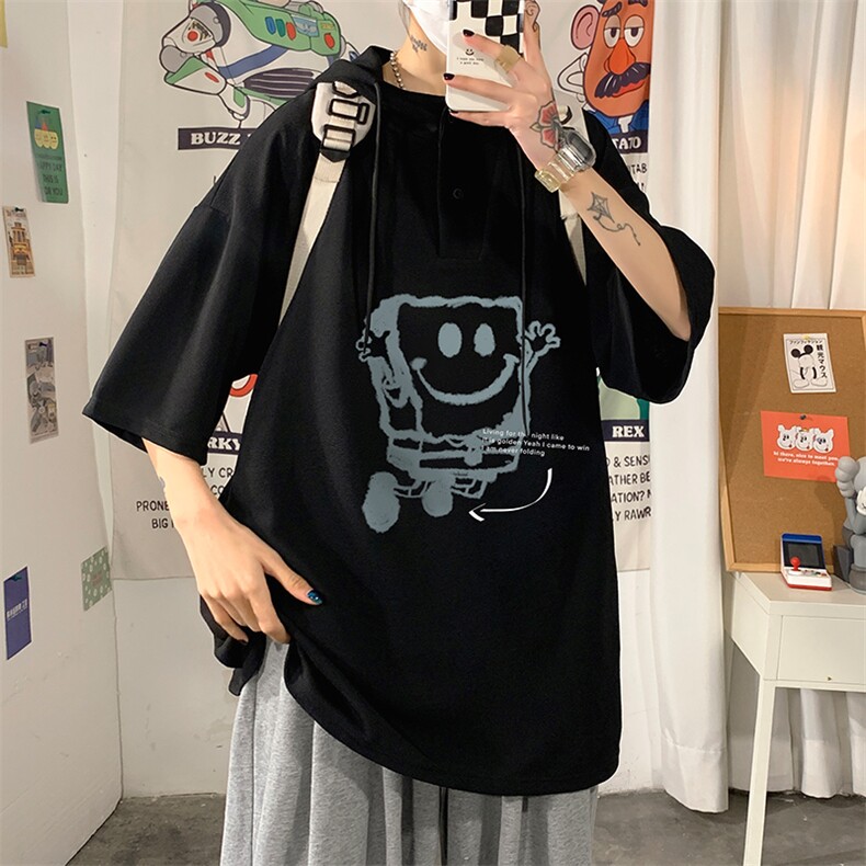 LD54245-P45海绵宝宝连帽短袖t恤男大码胖子带帽五分袖海报风,男装T恤,电商A040