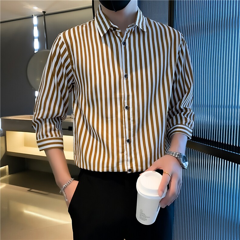 条纹七分袖衬衣新品轻熟风男装韩版修身高级感衬衫男士C156-6-7,男装衬衫,星座1116A-2（原606A-1）