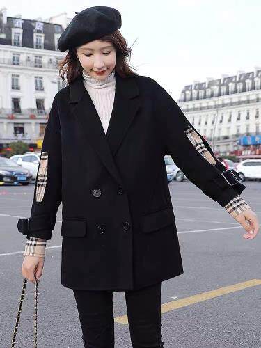 SL007时尚潮流袖子拼接格子双排扣百分百羊毛西装外套,女装西装,L·H·X