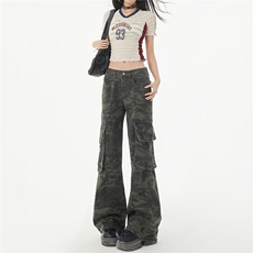 美式复古迷彩微喇叭工装牛仔裤女2025春夏宽松马蹄裤子K6127-P59，男装休闲裤，星座412-3