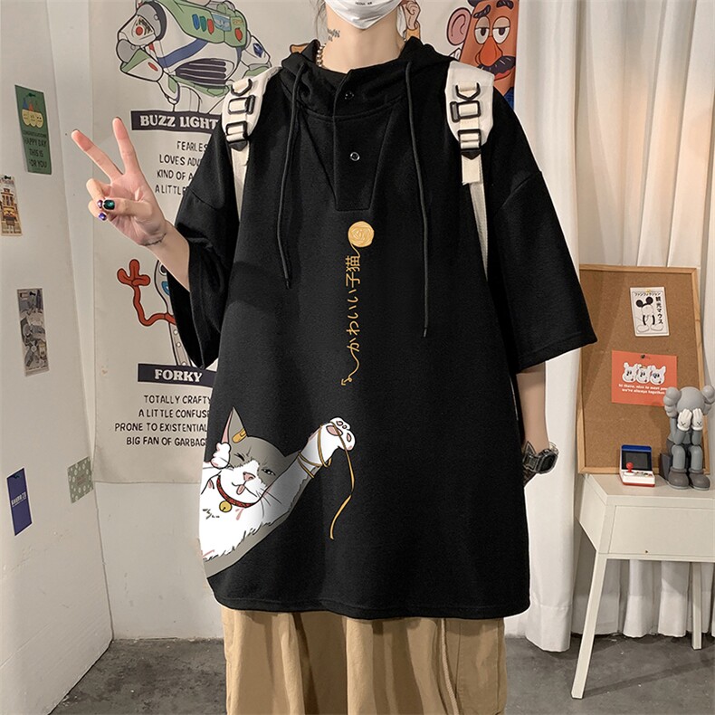 LD54013-P45连帽短袖t恤男大码胖子带帽五分袖中袖,男装T恤,电商A040