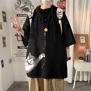 LD54013-P45 连帽短袖t恤男大码胖子带帽五分袖中袖图片
