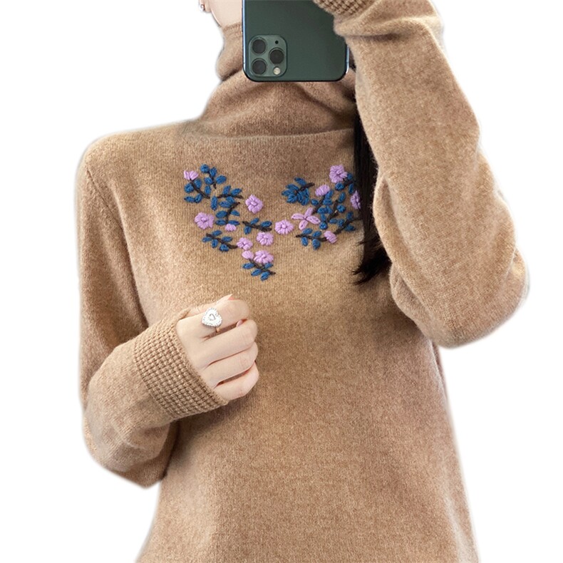 堆堆领100%纯羊毛衫女秋冬新款手工刺绣高领梅花羊绒衫百搭打底衫,女装羊毛衫,北娇羊绒