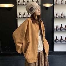 撞色拼接麂皮绒短外套女2025春季新款复古设计感休闲百搭工装夹克，女装短外套，鑫慧