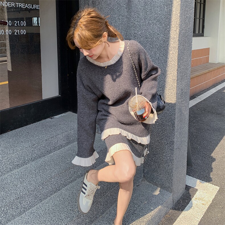 设计感花边拼接长袖针织衫高腰显瘦半身裙2025春季新款时尚套装女图片