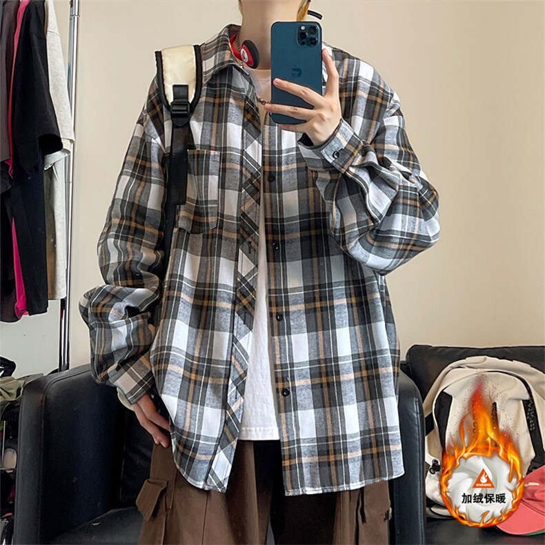 格子加绒加厚长袖外套宽松休闲衬衫男女C2193-特P30/CJ9737-特P40,男装衬衫,电商A007