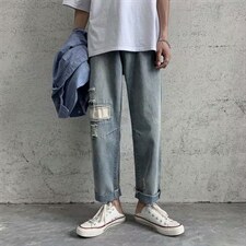 港风破洞牛仔裤男韩版潮流宽松直筒乞丐裤潮牌九分休闲裤279-p35图片