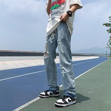 牛仔裤男夏季潮大码休闲裤子高街十字架破洞裤子N8102P42，男装牛仔裤，星座1116-2
