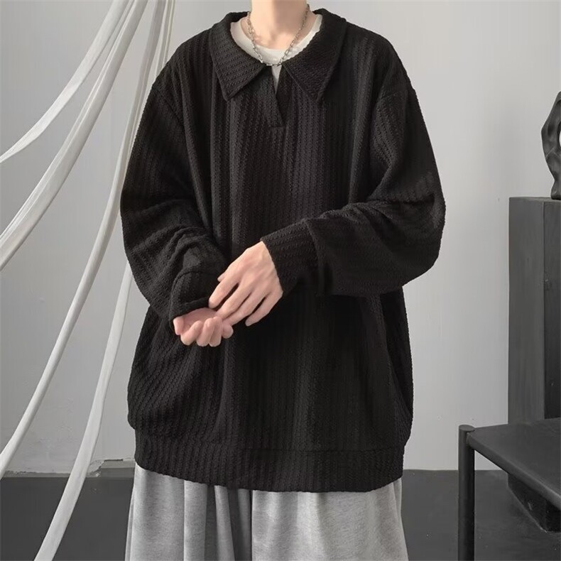 假两件V领长袖卫衣男春秋季潮牌美式慵懒风肌理感宽松加绒打底T恤,男装T恤,星座506A
