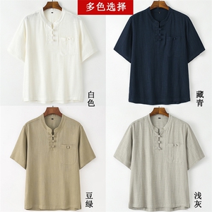 亚麻唐装男款风男装短袖爷爷上衣服夏季中老年人中式爸爸夏装图片