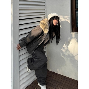 现货重磅boxy短款棉衣座山雕大毛毛领男女棉服水洗工装厚外套图片