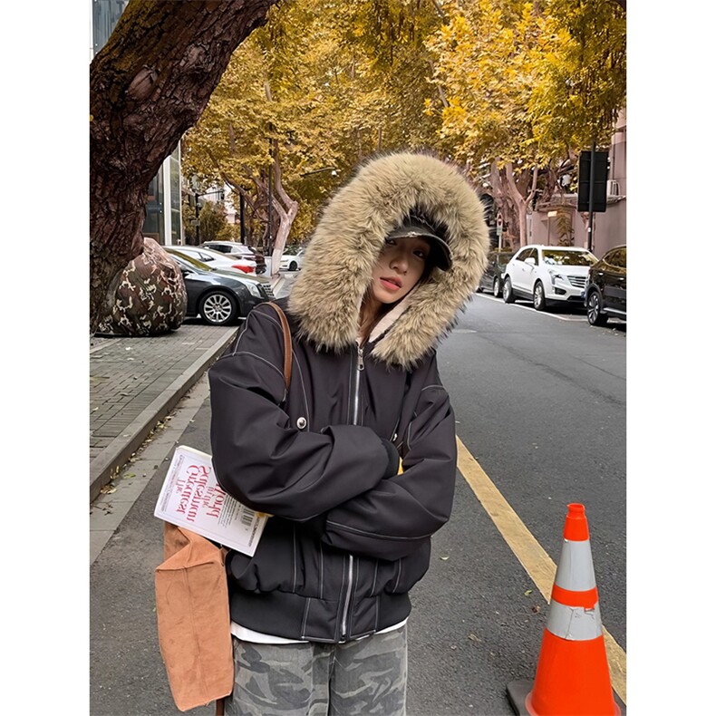 现货重磅boxy短款棉衣座山雕大毛毛领男女棉服水洗工装厚外套,男装棉衣,电商A486-1