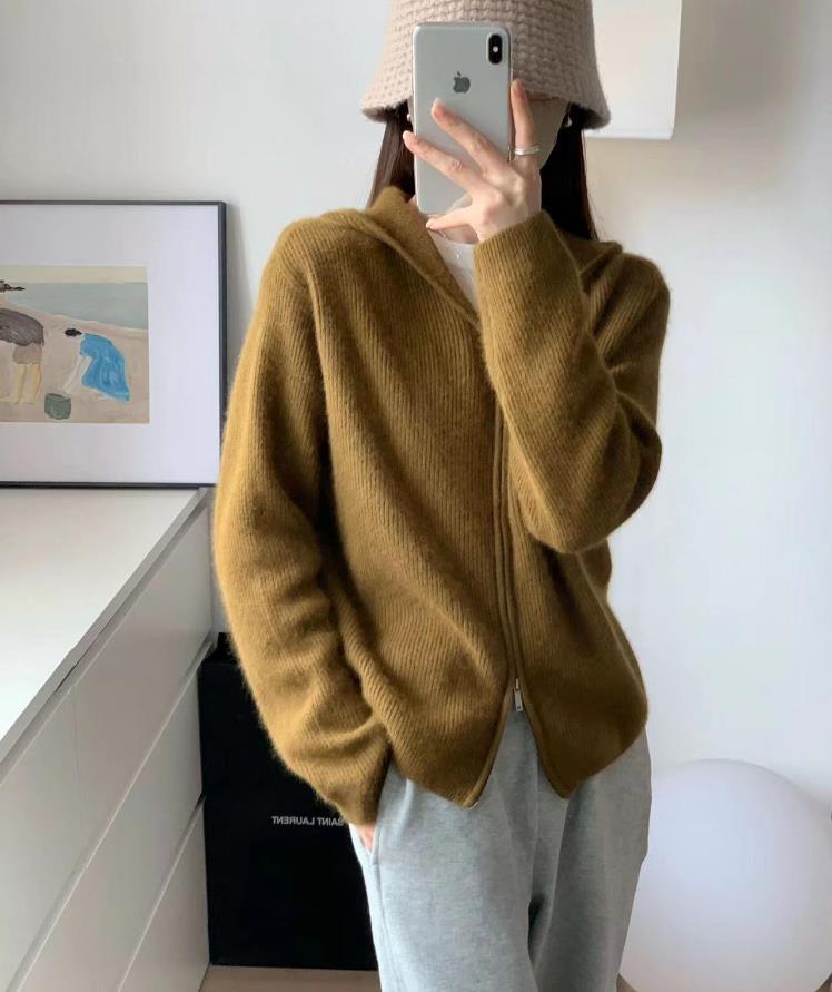 秋冬新款连帽针织拉链纯色毛衣女帽衫打底羊毛衫,女装羊毛衫,恩泰羊绒