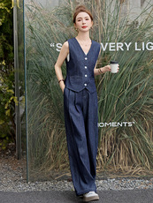 欧货时尚牛仔套装女高级感2025春夏新款气质显瘦马甲阔腿长两件套，女装套装/套裙，衣之秀