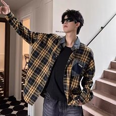 新款格子衬衫春秋季宽松高级感外套休闲衬衣，男装衬衫，星座410-6（原星座1304-1）