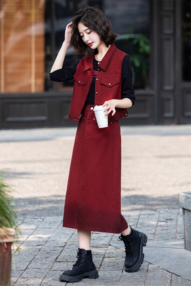 欧货潮流时髦牛仔马甲套装2025春新款女洋气高级后开叉长裙三件套,女装套装/套裙,意芙