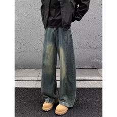 蓝色弯刀牛仔裤男款直筒宽松潮牌美式水洗长裤阔腿长裤子NK1192，男装牛仔裤，星座516A