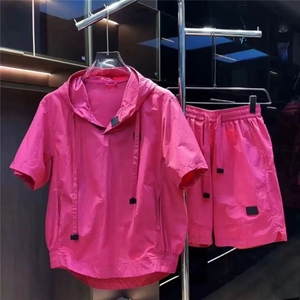 夏季纯色户外休闲运动套装速干连帽情侣宽松百搭-TZS3-网络图图片