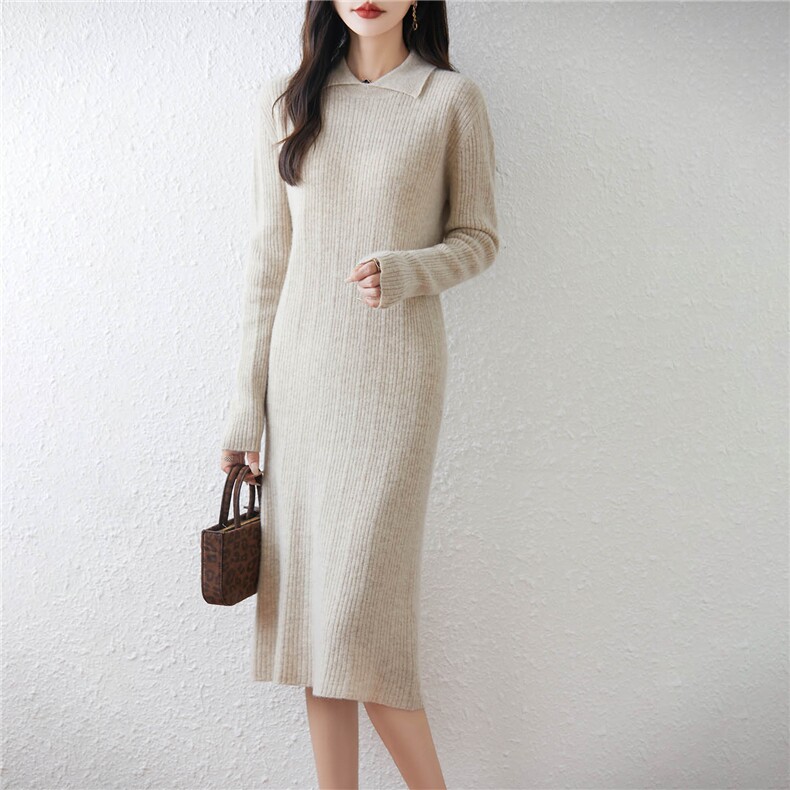 2025年秋季休闲风中长款长袖圆领连衣裙休闲，女装连衣裙，绒汀羊绒