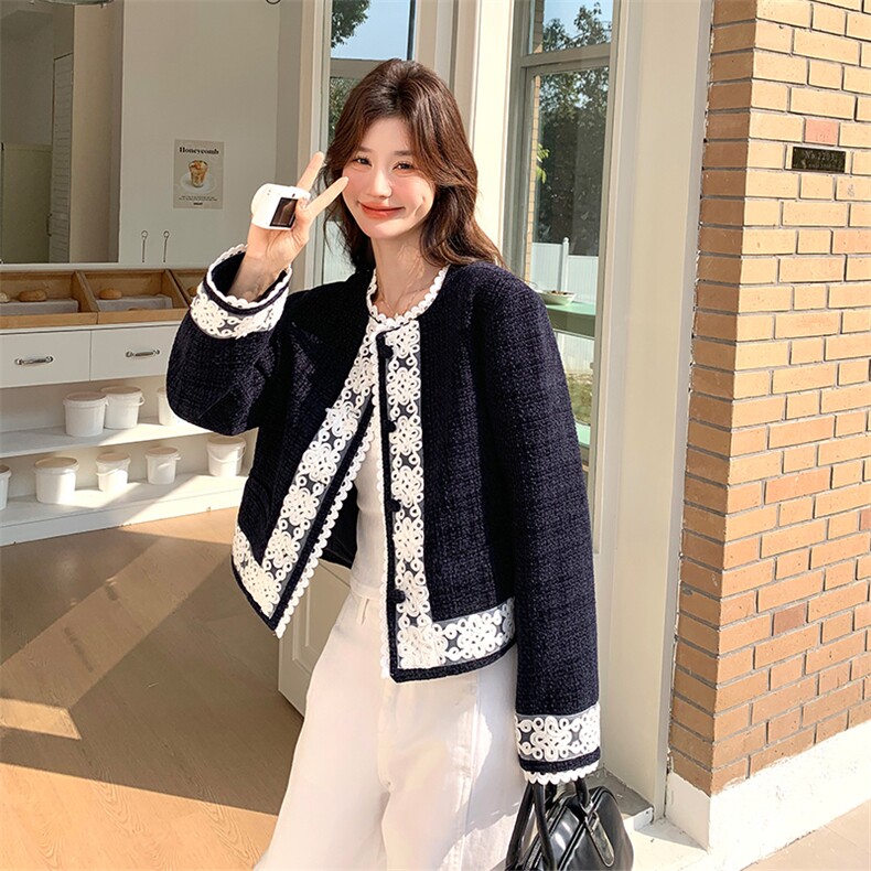深蓝色小香风蕾丝拼接短外套女2025春季小个子名媛气质高级感上衣图片