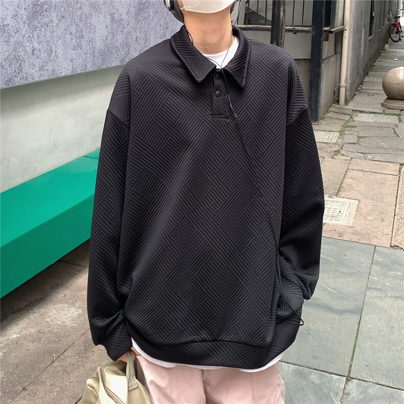 2026春秋翻领亨利领提花POLO衫痞帅卫衣外套W56682/特P25黑色,男装Polo衫,电商A094