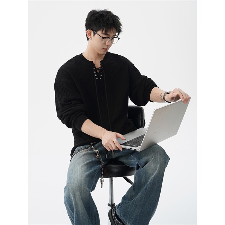 肌理感竖条纹v领系带针织衫男宽松长袖T恤上衣打底衫CX3007P58,男装T恤,电商D206-1