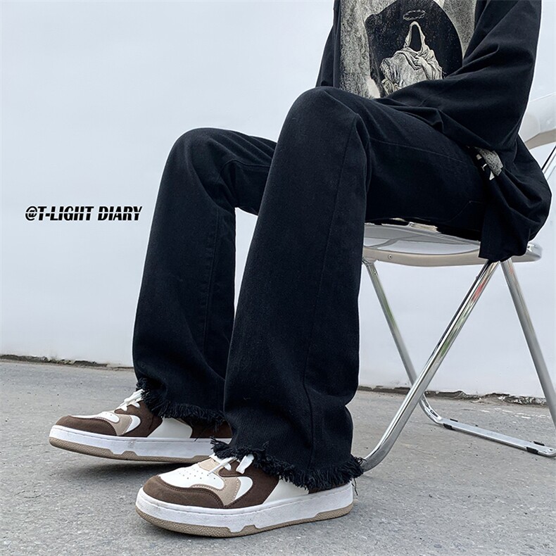 B221美式ins高街小众情侣款百搭毛边微喇牛仔裤LK23004-P55控78,男装牛仔裤,电商B221