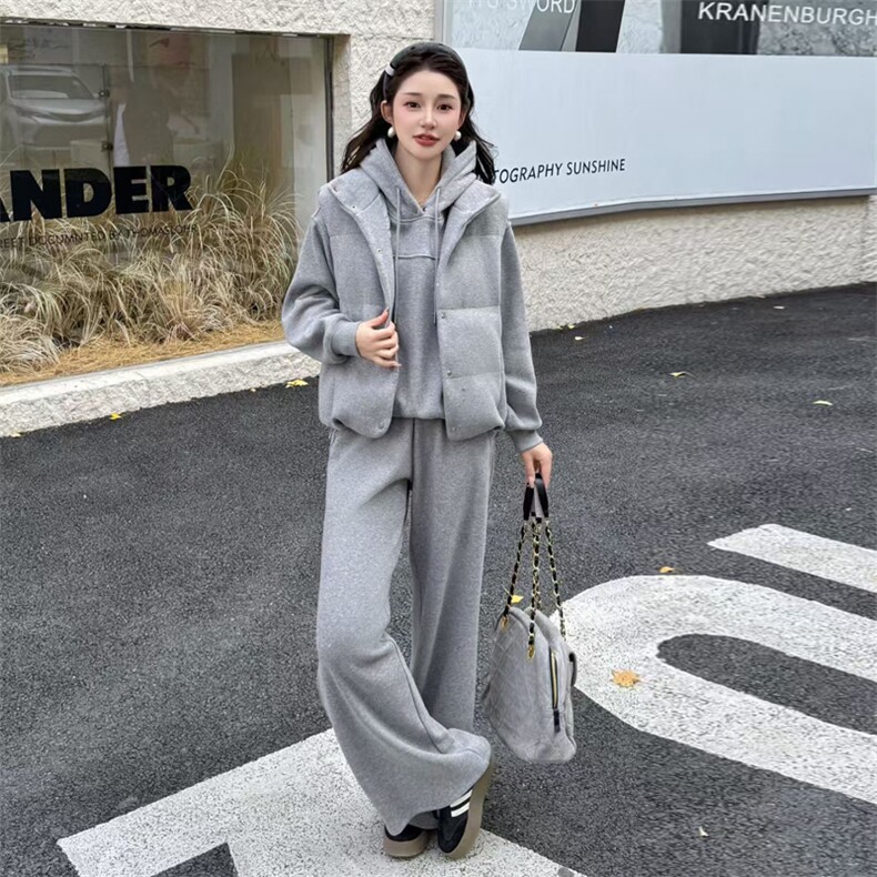 【bao款现货】2024新款冬装连帽休闲套装羽绒马甲三件套白鸭绒,女装套装/套裙,雅静靓衣