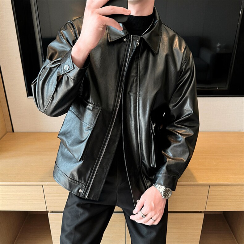大码男士皮衣夹克潮流休闲外套春季翻领上衣刺绣A266-PY007-P85，男装皮衣，电商A266