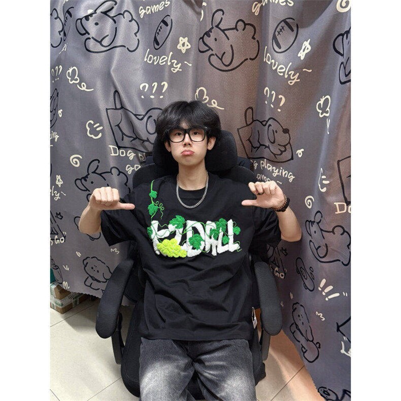 美式复古葡萄网球刺绣宽松休闲百搭重磅短袖T恤男女LAT4711-P43,男装T恤,星座1008