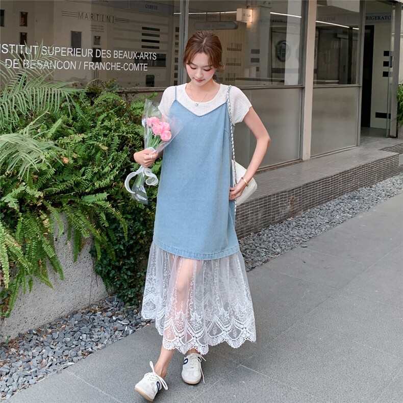 蕾丝网纱拼接牛仔吊带连衣裙套装女2025夏季新款设计感T恤两件套,女装连衣裙,浙宝069