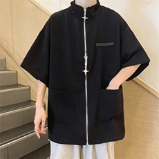 夏季短袖翻领衬衫男美式复古衬衣华夫格双拉链衬衫CS01270-P45，男装衬衫，星座308B-1