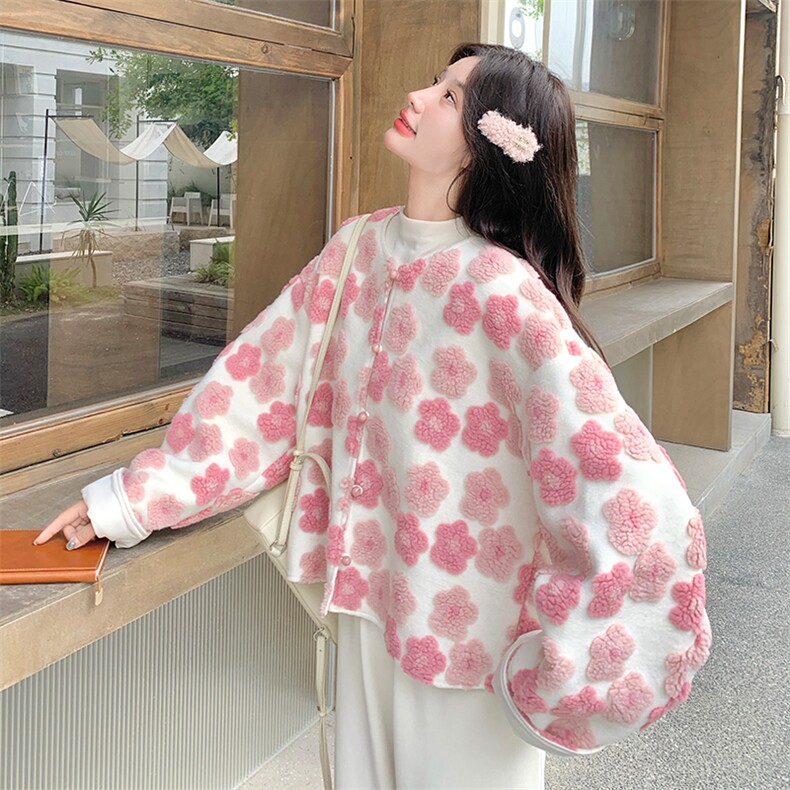 粉色花朵羊羔毛外套女2025冬季新款超好看爆款减龄小个子短款上衣,女装短外套,2C007