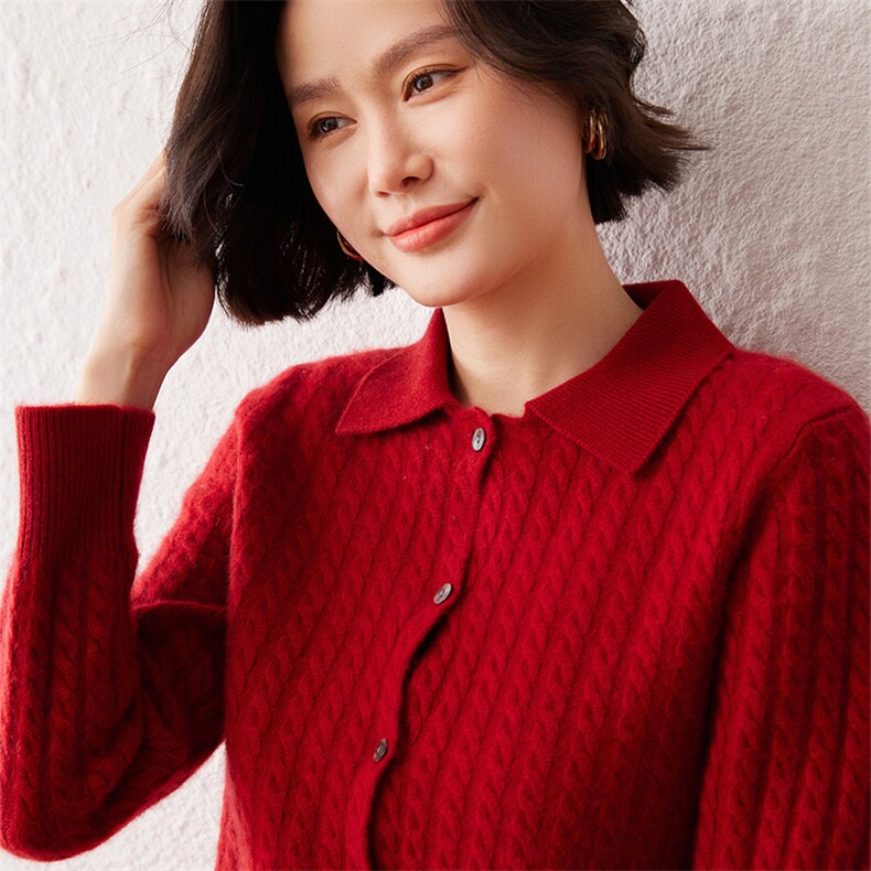 2025春秋新款羊绒衫女100纯山羊绒翻领长袖针织开衫毛衣休闲上衣,女装羊绒衫,雪真羊绒高端店