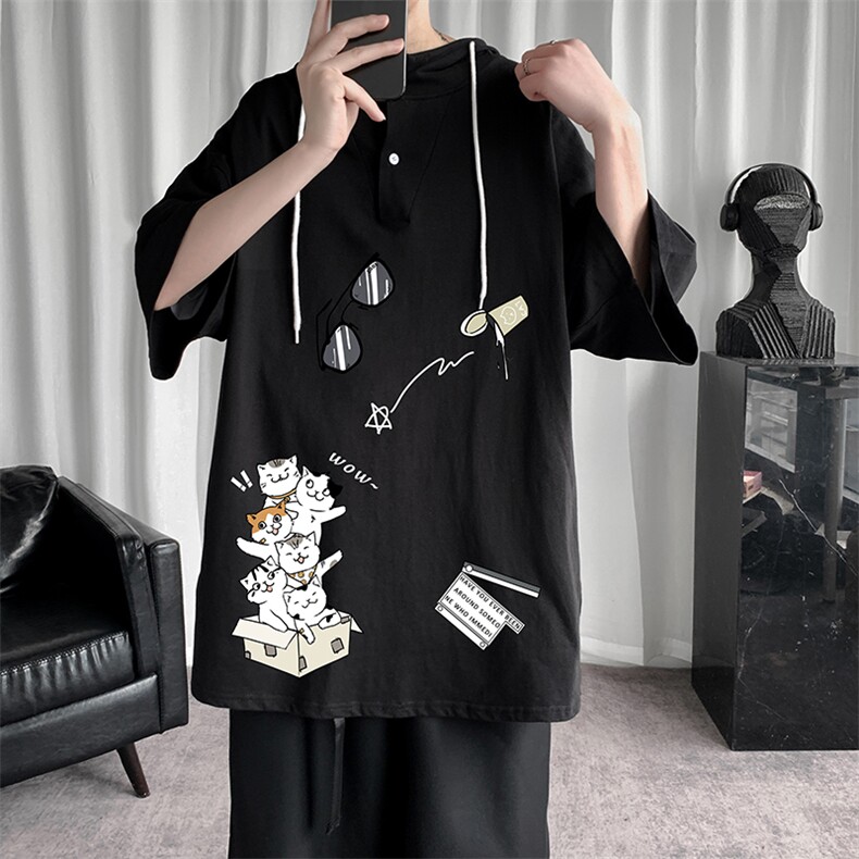 LD54115-P45连帽短袖t恤男大码胖子带帽五分袖中袖,男装T恤,电商A040