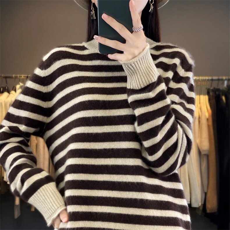 时尚条纹羊毛衫女秋冬新款修身显瘦长袖针织衫气质百搭上衣,女装羊毛衫,琳华羊绒