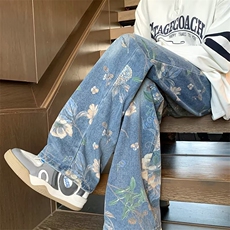 美式复古牛仔裤男款潮牌花卉印花休闲长裤网红同款裤子，男装牛仔裤，星座410-7